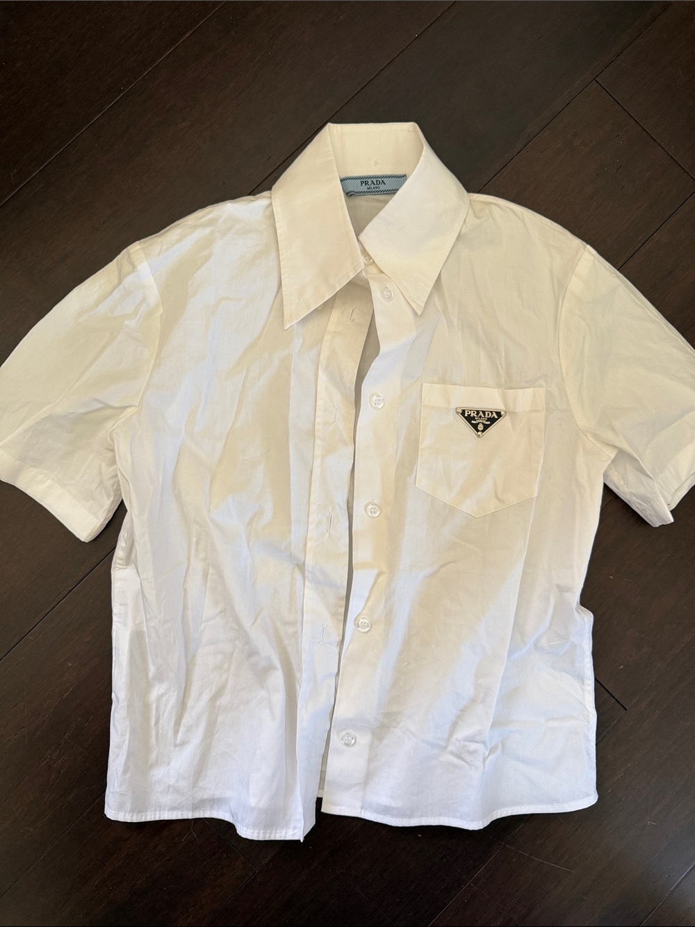 Prada White Short-Sleeve Cotton Button-Up Shirt with Logo Pocket